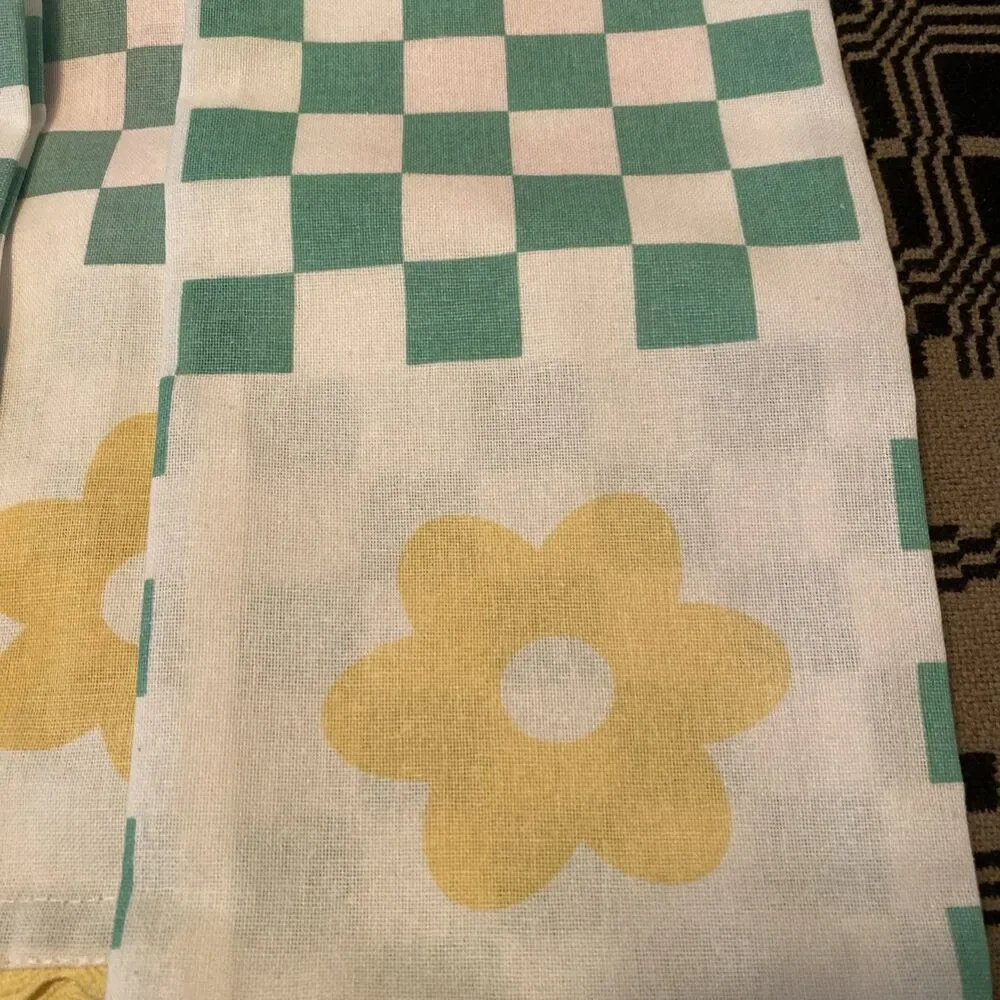 LOT of 3 Kitchen Tea Towels Retro VTG Style Green Checkerboard Yellow Flower Set